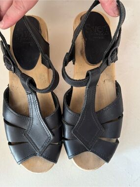 Sven Original Black Leather Diamond T-Strap Wooden Clogs - Women